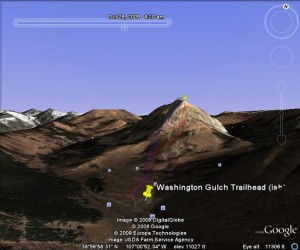 Ascent route is in blue, descent route in red. Unfortunately, Google earth shows gothic in the nude, sans snow.