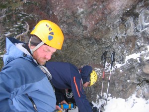 Adam and Jason rack up at the bottom of "Hangover" - Hyalite Canyon