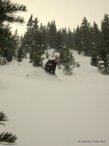 Monica, enjoying the next fresh pow shot. We did end up getting some good, safe turns that day.