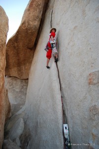 Who said the Rock Warrior's Way is all serious? Matt Bynum, focusing his impeccable attention and feeling secure above a well-placed #6 Franzia box. Bu then again, how could you not send hard in a clown suit? Joshua Tree, CA
