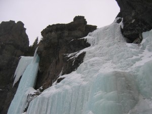 The ice is still abundant in Montana -- from right, "Mummy Cooler II" (WI 3+) and "The Scepter" (WI 5)