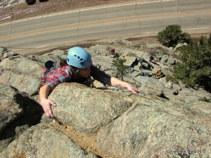 Ronnie, clipping the bolts on her first trad lead. Yahoo! Her life will never be the same, I'm sure.